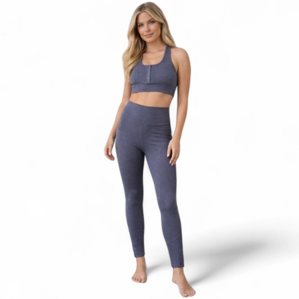 Aerie Ribbed Henley Sports Bra & High-Waist Legging Set Gray